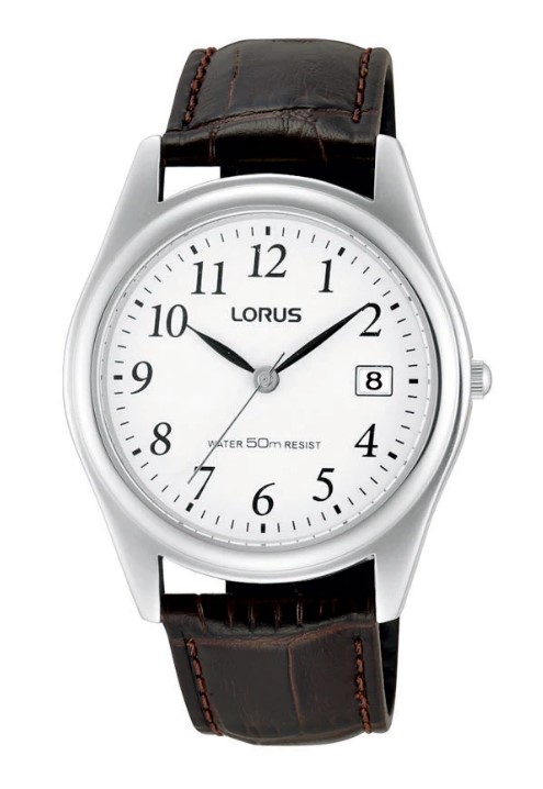 Lorus herenhorloge met bruin lederen band. Datumweergave op de wijzerplaat.